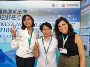 Three women, Ana Valeria Medina, Yingyi Zhang, and Zohra Zahir, standing together at COP16 in Cali, Colombia, October 25, 2024.