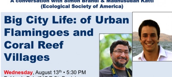 Davis Science Cafe Flier for August 13, 2014, featuring Simon Brandle and Madhusudan Katti