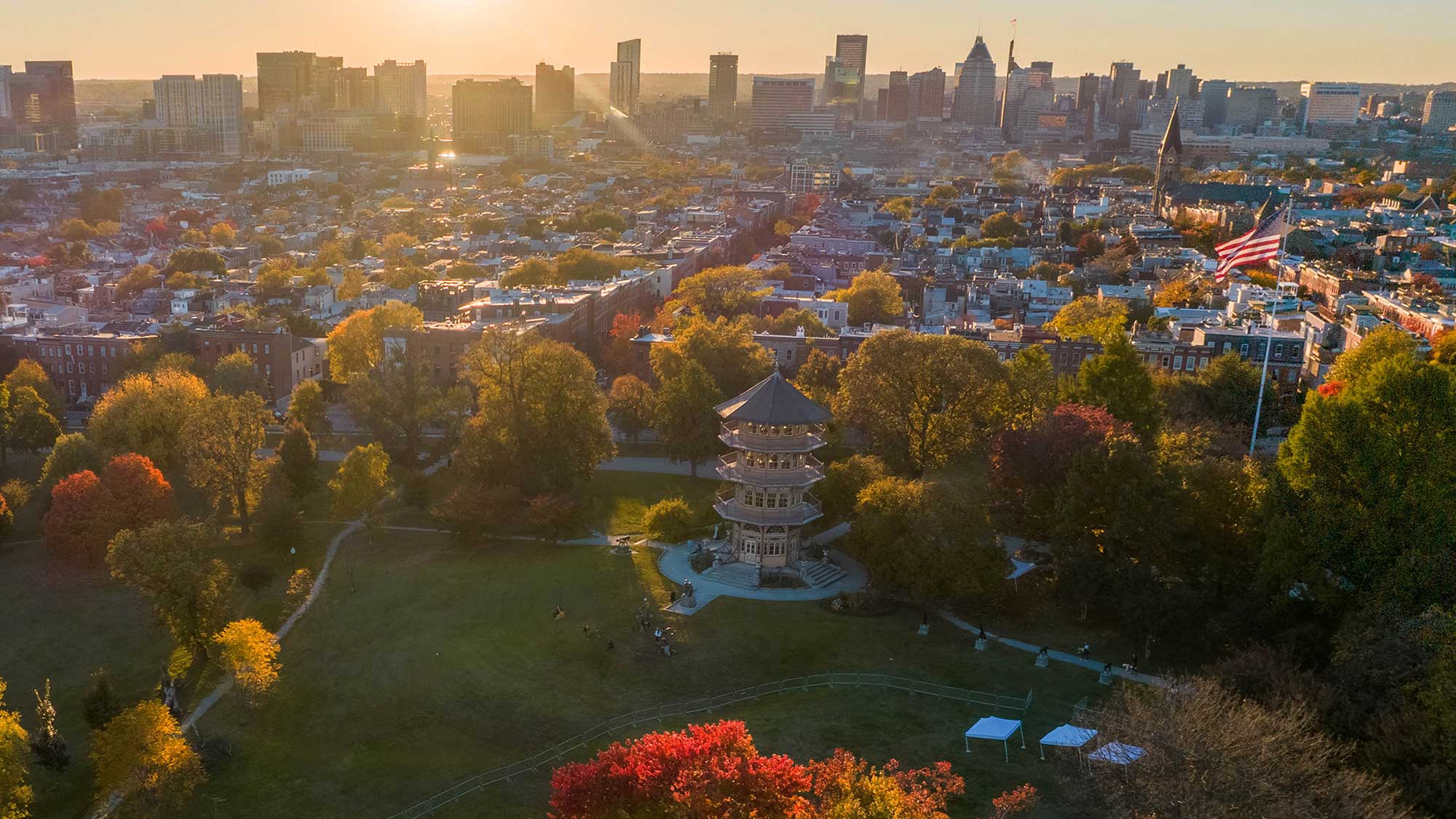 Skyline view of downtown Baltimore at the turn of autumn.