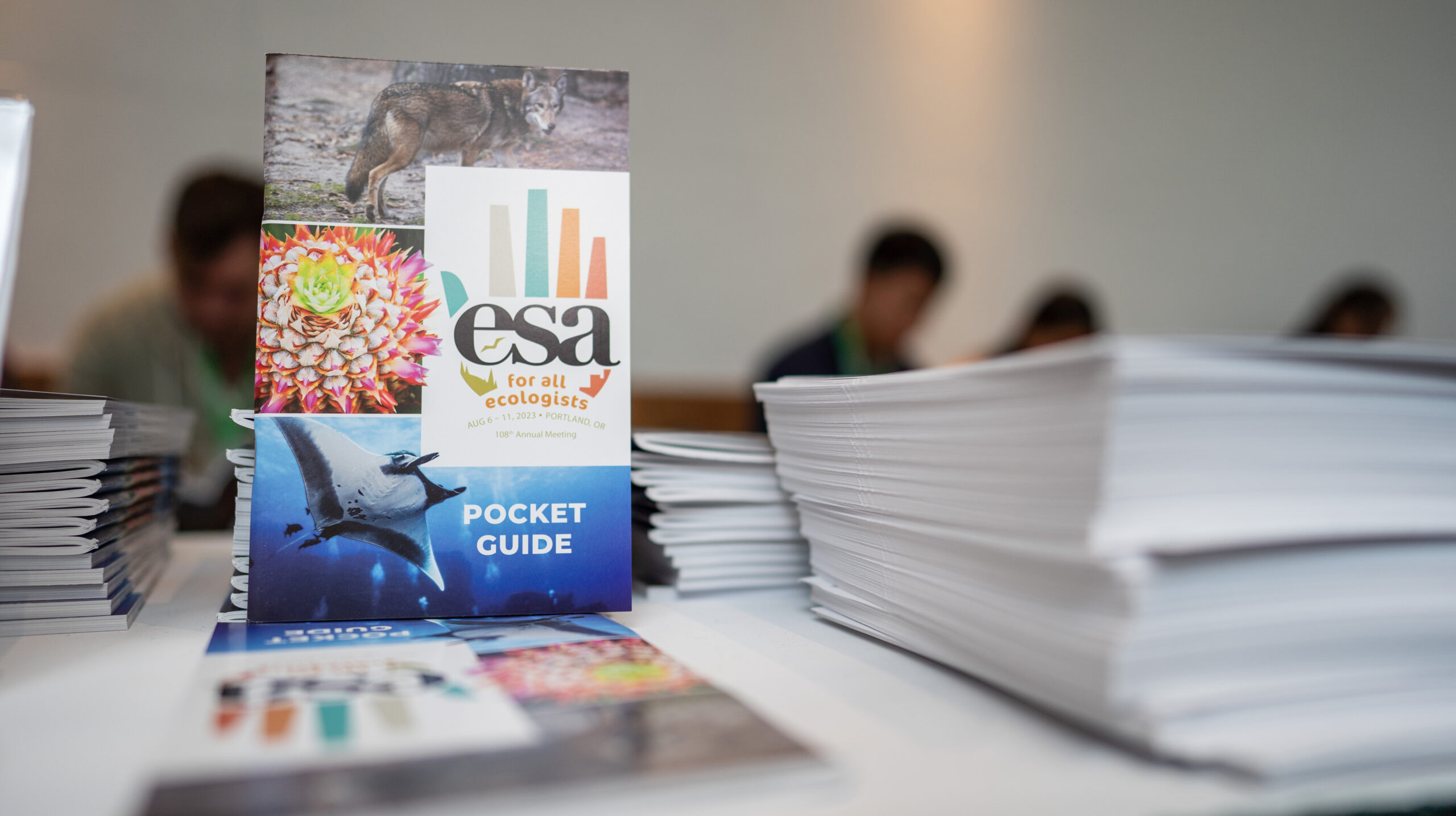 A table displays meeting pocket guides to an Ecological Society of America conference.
