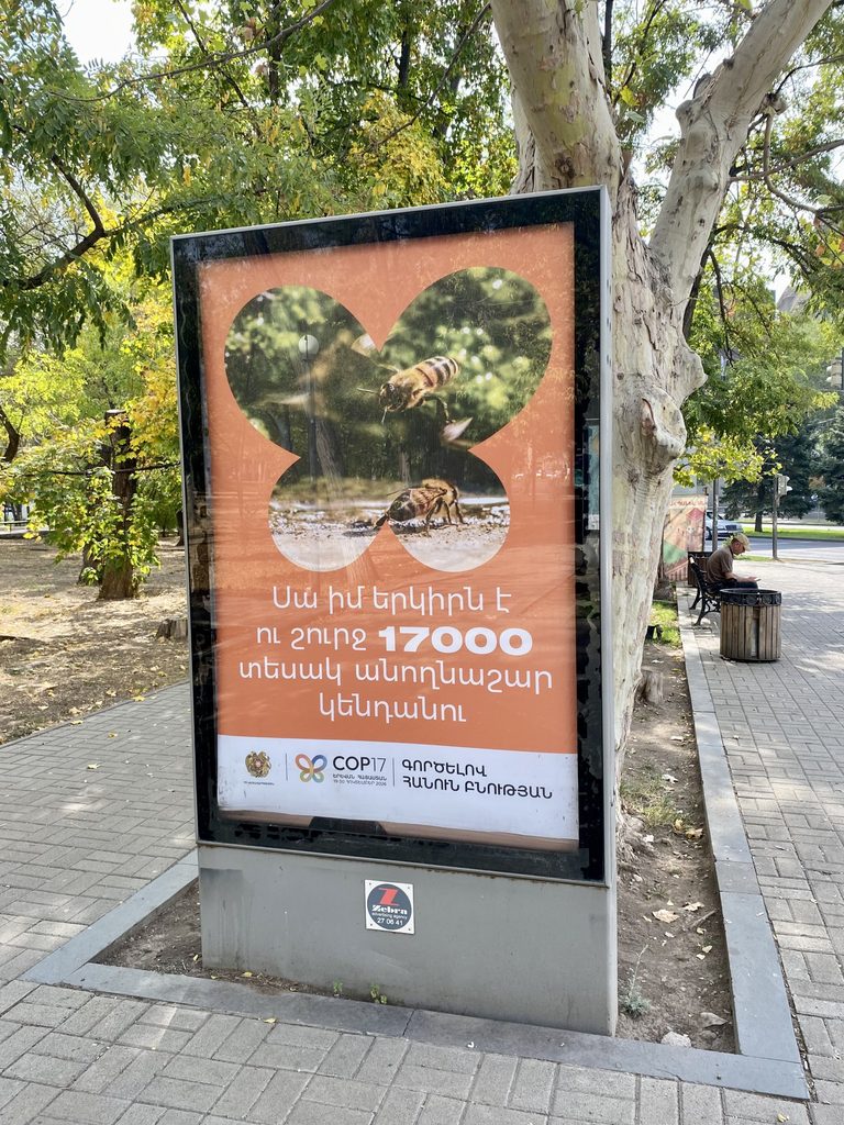 A poster along a city sidewalk promotes the COP17 meeting in Yerevan, Armenia.