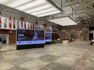 A large hall lined with flags, containing two large screens welcoming people to the CBD COP17 meeting.