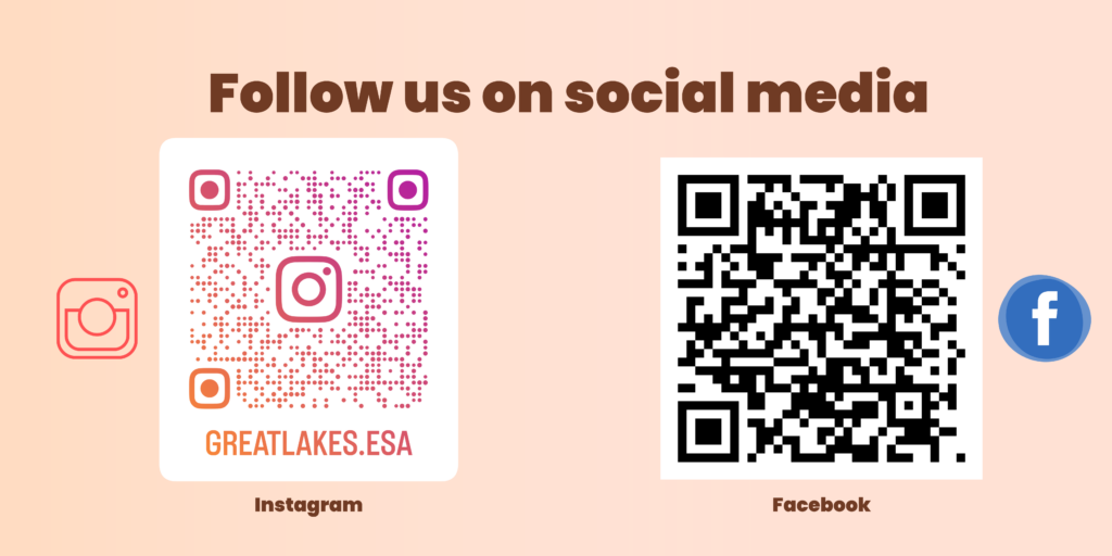 A graphic which reads, follow us on social media.  It includes a QR code to Facebook and Instagram. 
