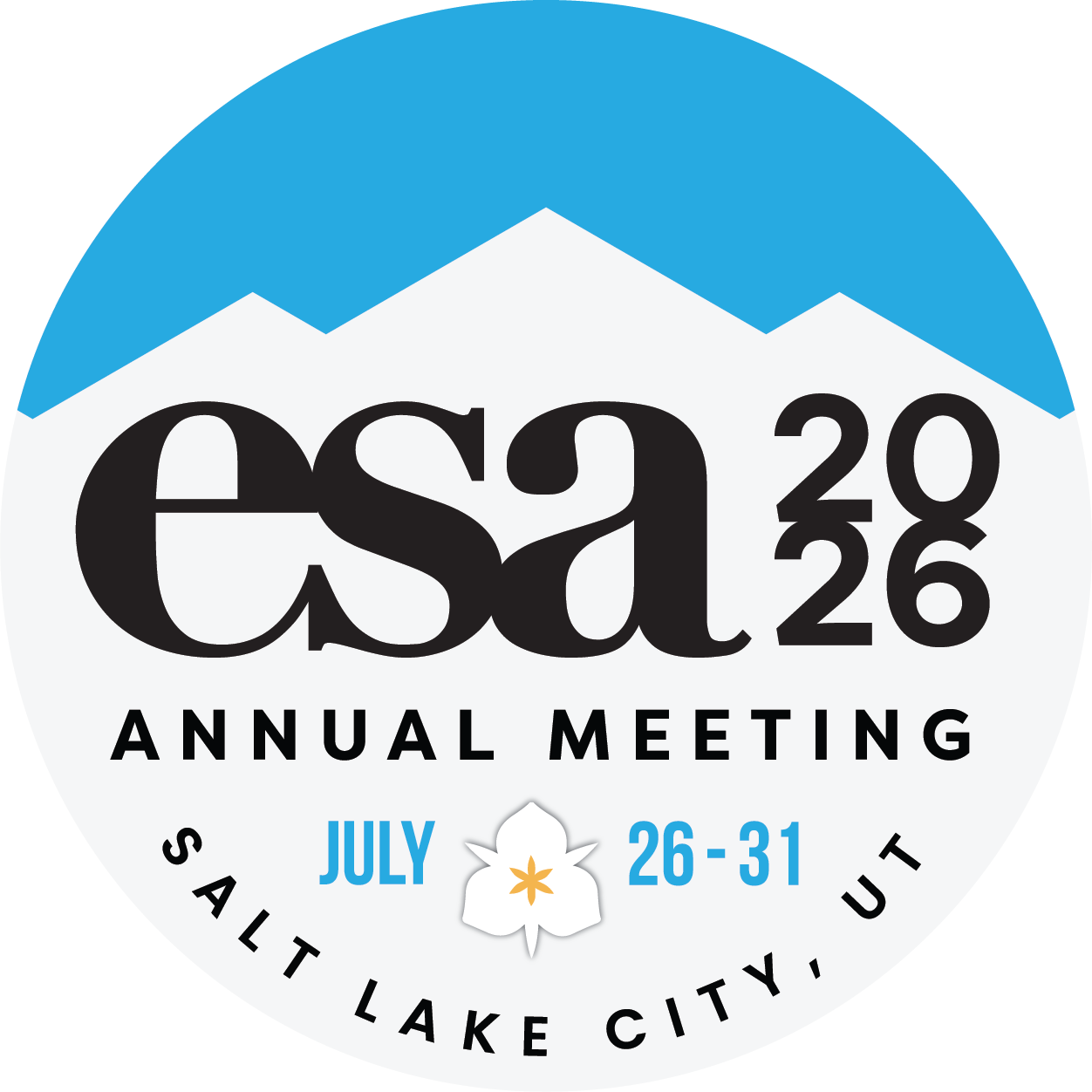 Official logo of the 2026 ESA Annual Meeting features a circle mask with white mountains on blue background. Vector graphic.