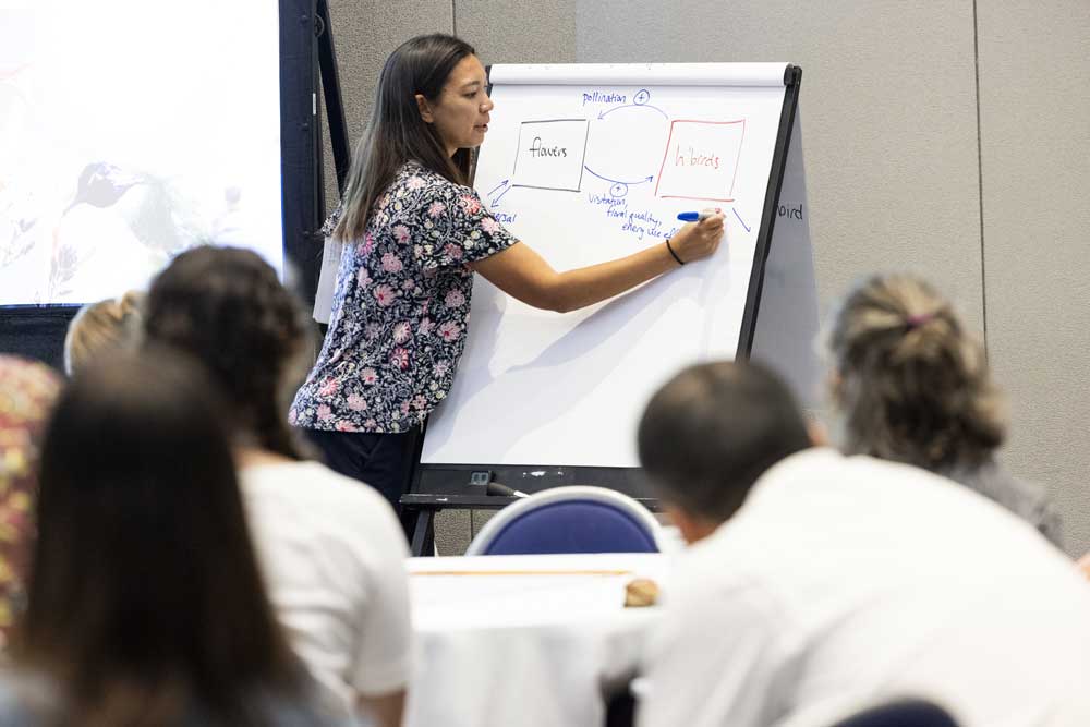 A presenter adds to her her visual whiteboard.