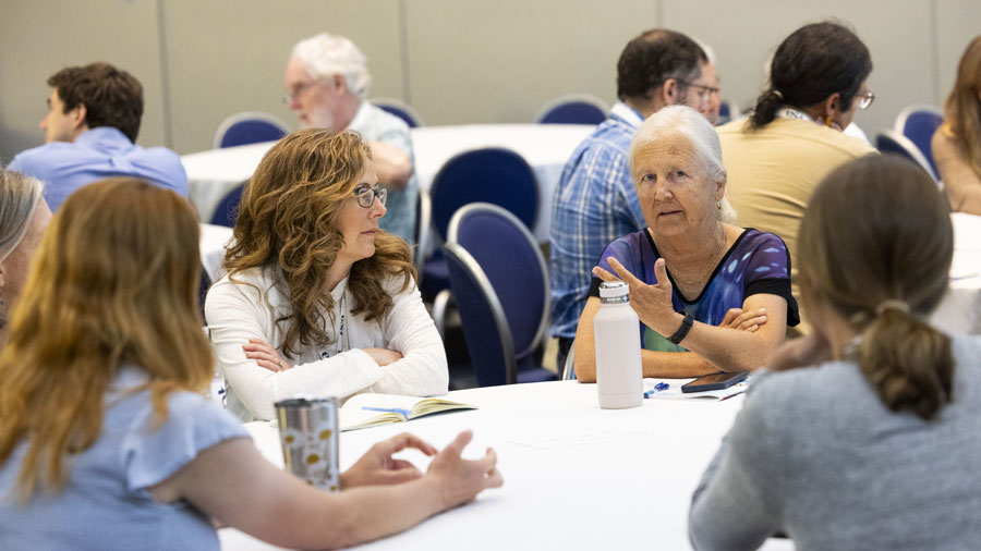 Meeting members discuss at a round table.