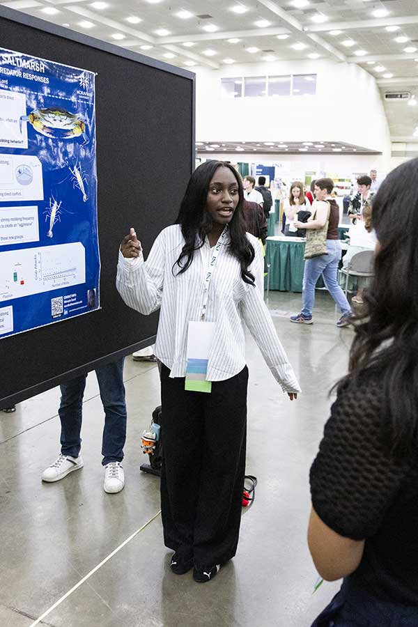 A presenter explains her project poster.