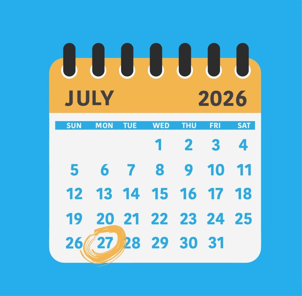 A graphic of a calendar which has July 27th selected.