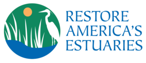 Official logo of Restore America's Estuaries. A round logo with a setting sun, a Heron and reeds on in the water. A vector graphic.