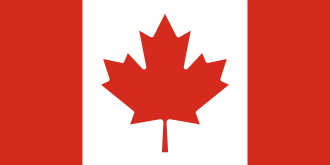 The canadian flag features a maple leaf flanked by two stripes all in red. 
