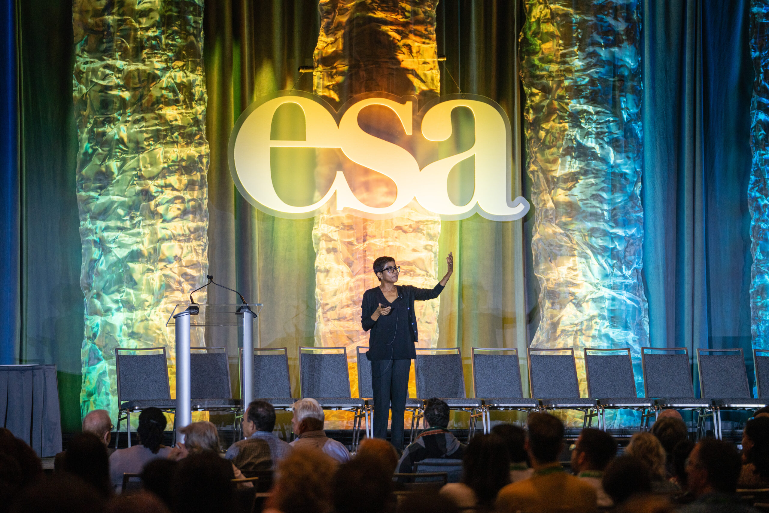 A plenary speaker speaks before a large audience. 
