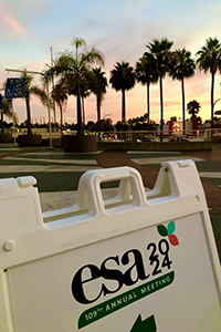 Thumbnail showing sandwich board with ESA 2024 Annual Meeting logo in front of a sunset with palm trees.