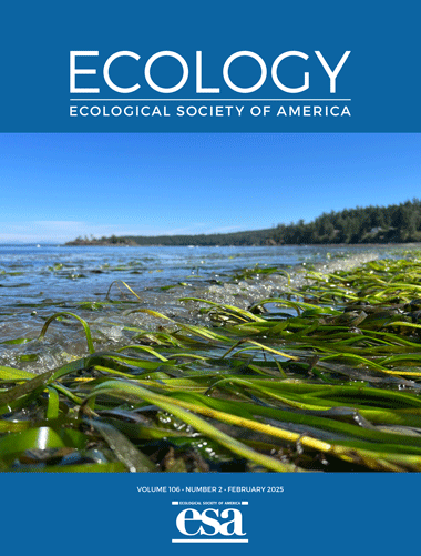 Ecology cover with photo of eelgrass at the shoreline in the San Juan Islands, Washington, USA