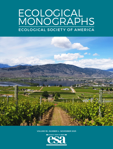 November 2025 cover of Ecological Monographs with a photo of multiple vineyards in Osoyoos, British Columbia, Canada