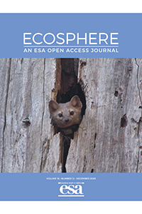 December 2025 issue cover of Ecosphere, showing a marten peering out of a hole in a tree 