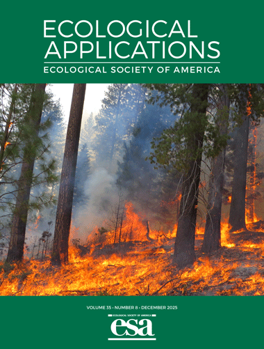 December 2025 cover of Ecological Applications with photo of prescribed fire treatment in the Sierra Nevada, USA