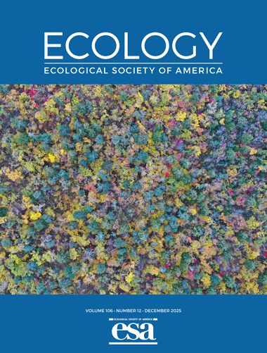 December 2025 cover of Ecology with drone view of the Manchurian mixed forests in fall.