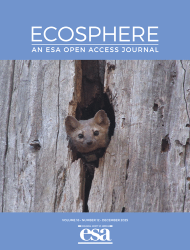 Ecosphere's December 2025 cover with a photo of a marten peeking out from inside a tree cavity