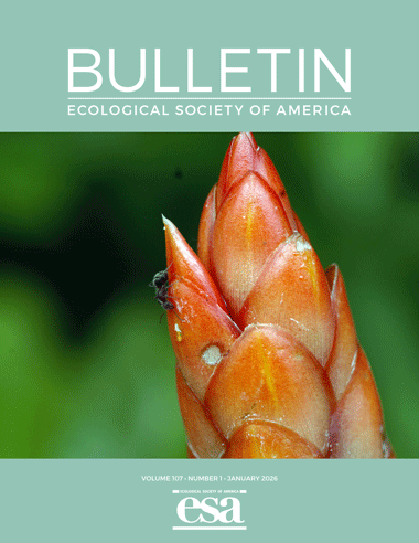 January 2026 cover of the ESA Bulletin with photo the ant <em>Camponotus planatus</em> feeding on an extrafloral nectary on the red bracts of <em>Costus scaber</em> in the Los Tuxtlas Biosphere Reserve, Veracruz, Mexico.