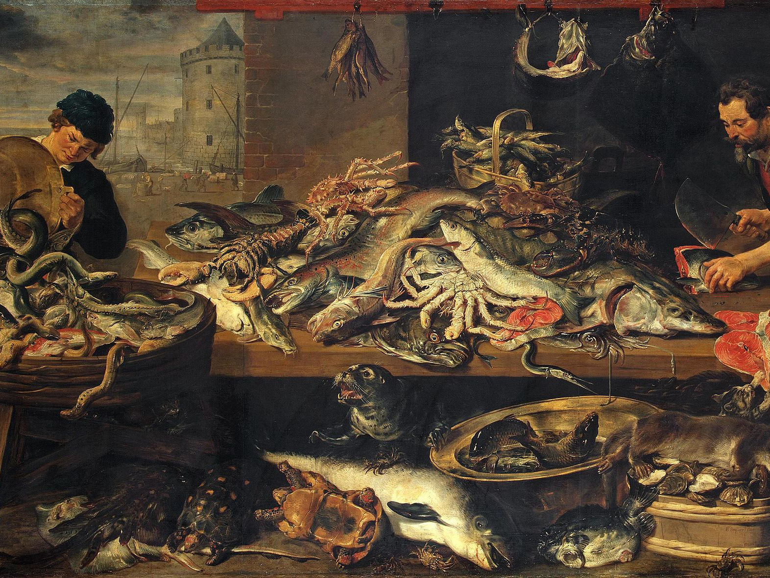 A painting of a fish market scene, with dozens of different marine creatures stacked on and around a table while two butchers work at the sides.