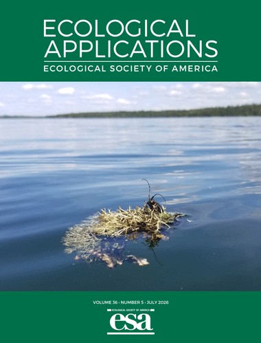 The July 2026 cover of Ecological Applications with a photo of a whitespotted sawyer beetle on a floating mat of moss and lichen in open water on a lake