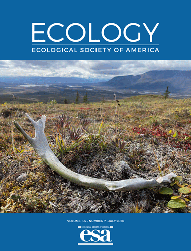 The July 2026 cover of Ecology with a photo of a rodent-gnawed antler of a caribou on the tundra