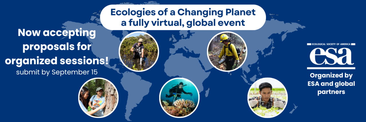 banner size ad with a blue background with circle images containing scientists from different fields for a call for proposal for the virtual conference event