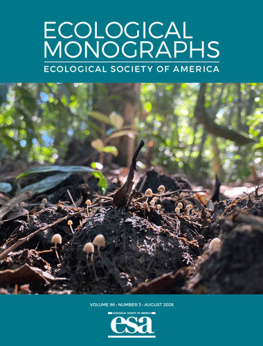 August 2026 cover of Ecological Monographs with a photo of a lowland tapir dung latrine colonized by fungi 