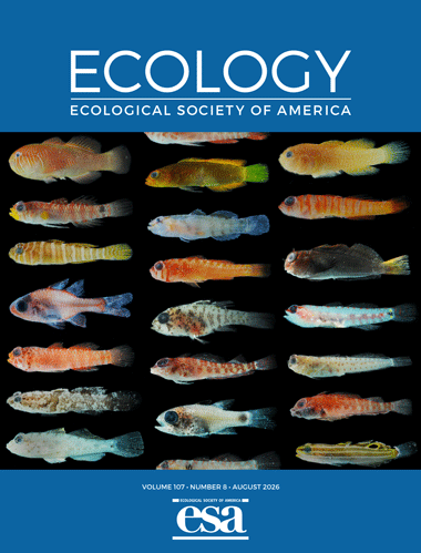 The August 2026 cover of Ecology with a photo of cryptobenthic reef fishes collected from aenesthetic stations, individually photographed in phototanks, and displayed in a composite picture
