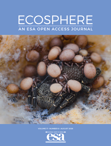 Ecosphere's August 2026 cover with a photo of ladybird spider and her brood inside their nest burrow. 