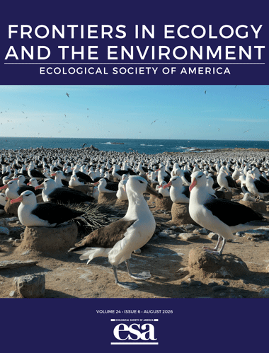 The August 2026 cover of Frontiers with a photo of black-browed albatrosses on a beach