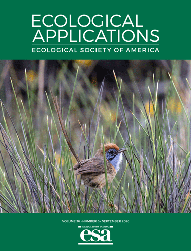 The September 2026 cover of Ecological Applications with a photo of a male mallee emu-wren perched in a Triodia scariosa hummock