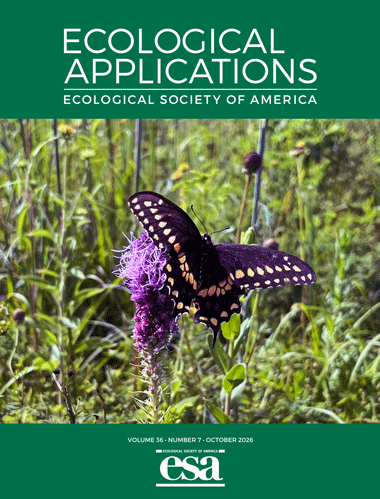 The October cover of Ecological Applications with a photo of a black swallowtail on the flowers of prairie blazing star