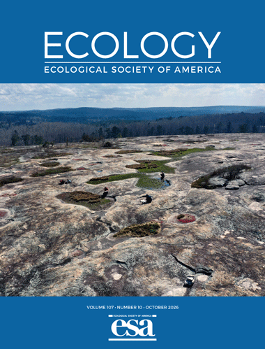 The October cover of Ecology with an aerial drone photograph of a granite rock outcrop featuring natural pool depressions