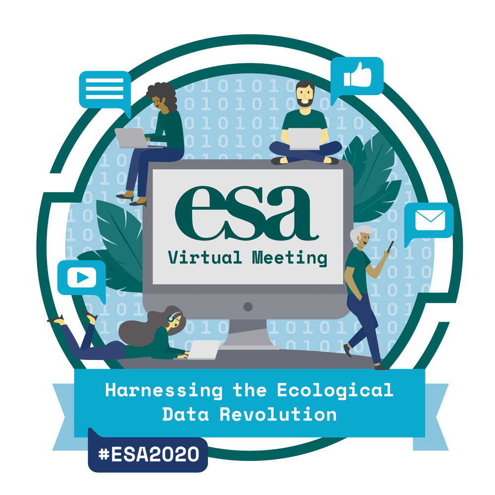 Official logo of the 2020 ESA Annual Meeting shows a cityscape in the foreground with mountains in the background and it is raining 1's and 0's (binary) digits.